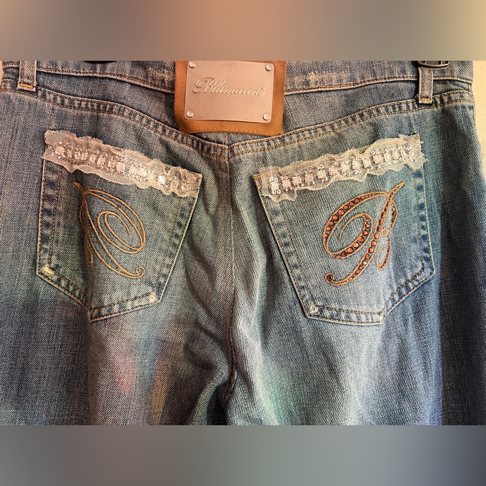 Blumarine Italy Blue Boot Cut Jeans with Embroidery Crystal Sequins Waist 30” - Picture 3 of 13